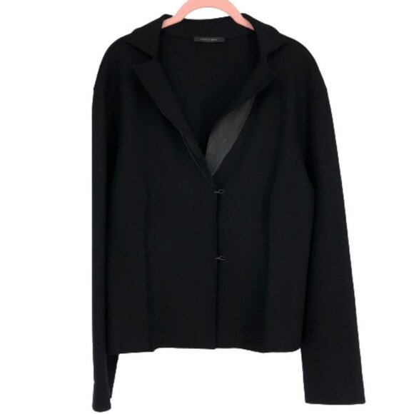 Annette Gortz Black Long Sleeve 100% Wool Blazer w/Hook Buttons & Leather Trim L - Picture 1 of 11